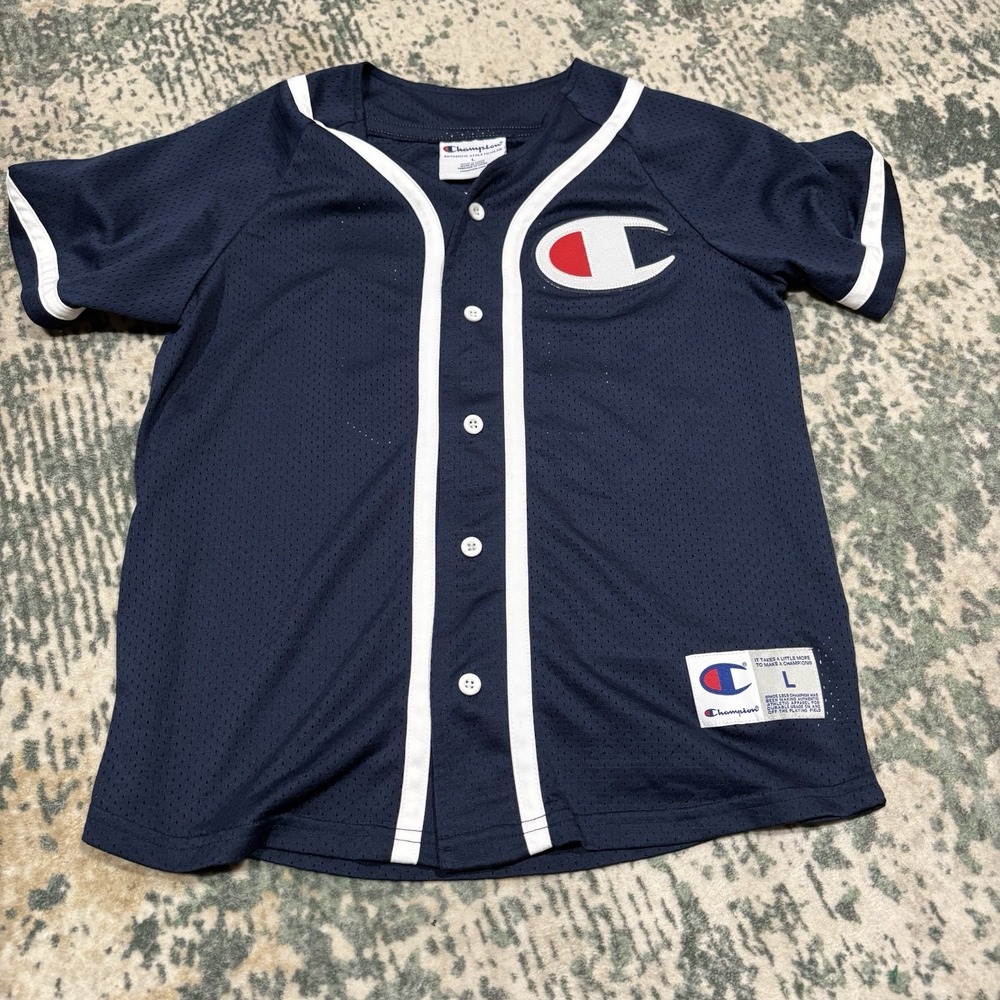Champion Mesh Baseball Jersey Navy Blue Size Large #19 Youth Large